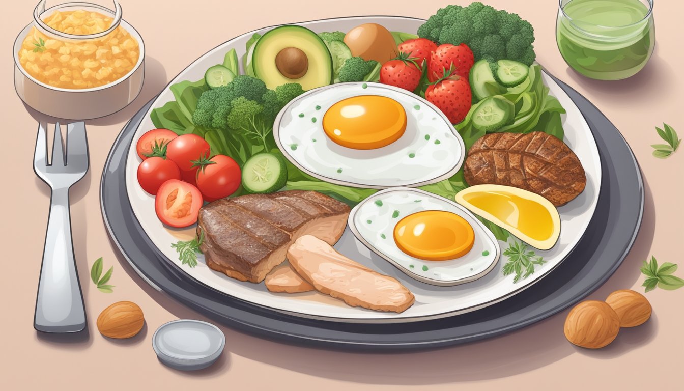 A balanced meal plate with keto-friendly foods and a hormonal balance symbol in the background