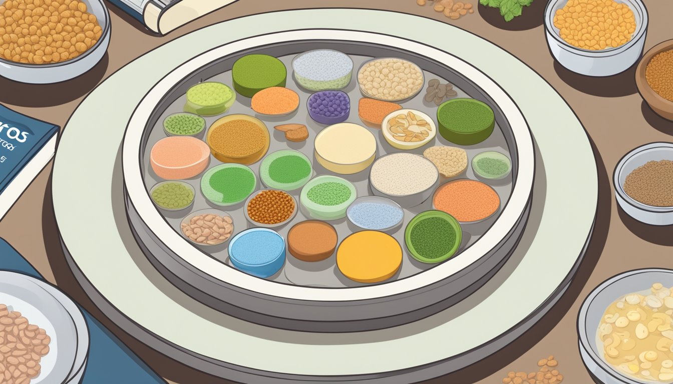 A petri dish filled with bacteria colonies, surrounded by various food items, with a keto diet book in the background