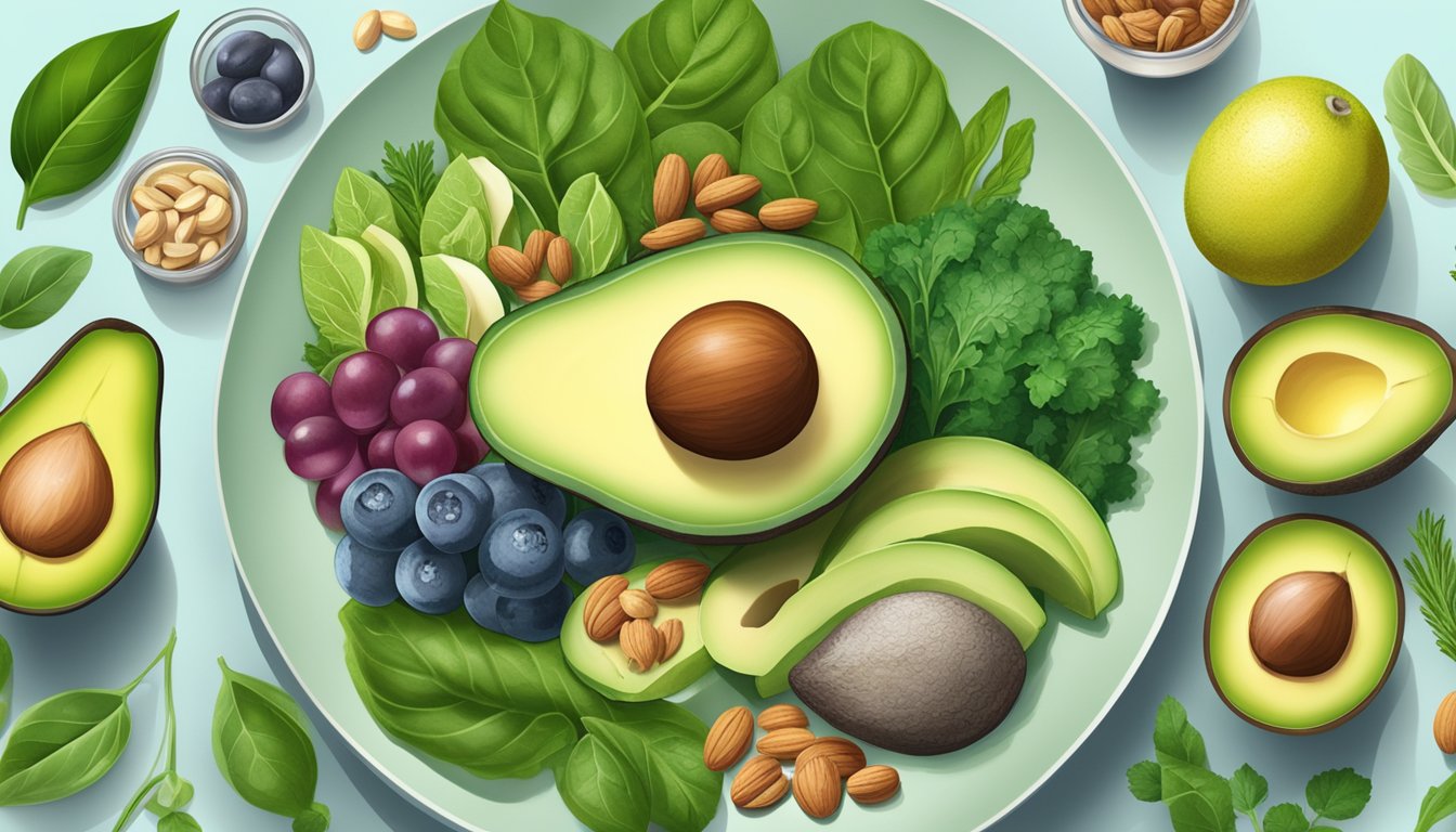 A colorful plate with a variety of keto-friendly foods, such as avocado, nuts, and leafy greens, surrounded by hormone-regulating herbs and supplements