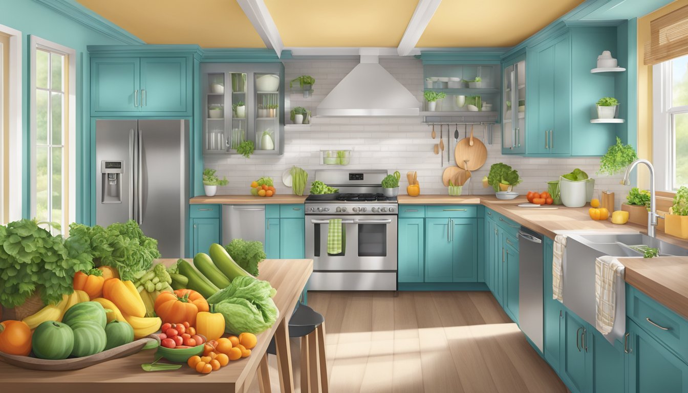 A vibrant kitchen with fresh produce, exercise equipment, and calming decor