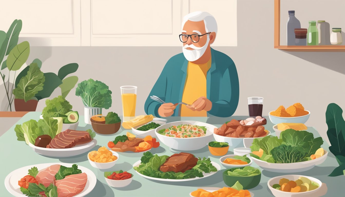 A table set with keto-friendly foods like leafy greens, lean meats, and healthy fats, with a senior enjoying a meal