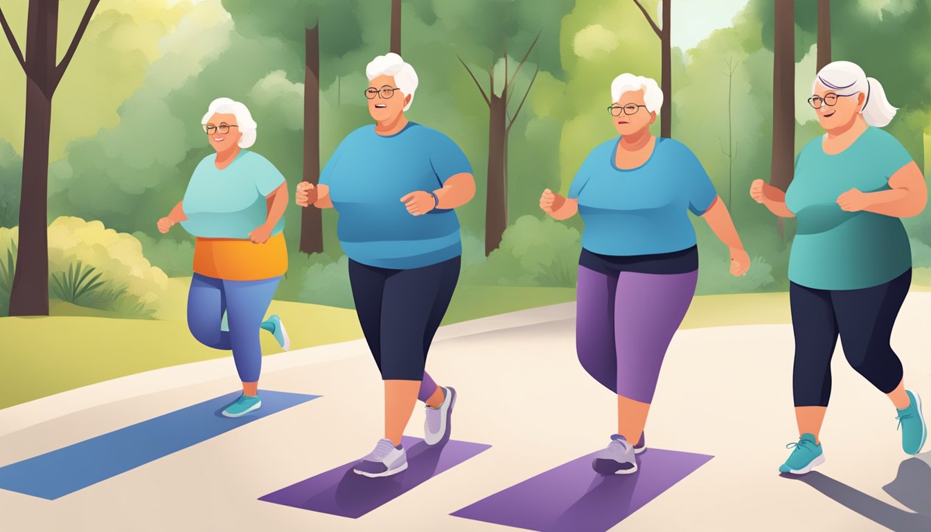 A group of seniors engaging in low-impact physical activities such as walking, yoga, and light weightlifting, while following a keto diet