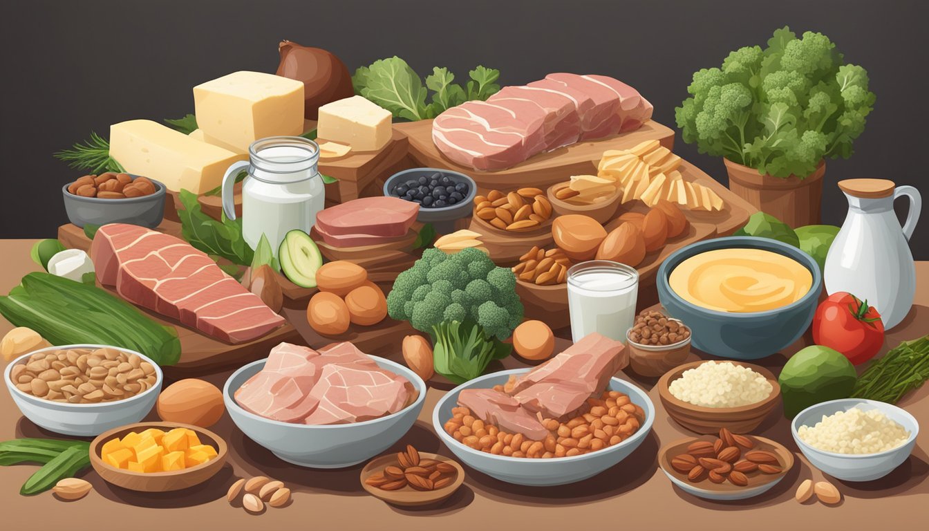 A variety of keto-friendly foods arranged on a table, including meats, vegetables, nuts, and dairy products