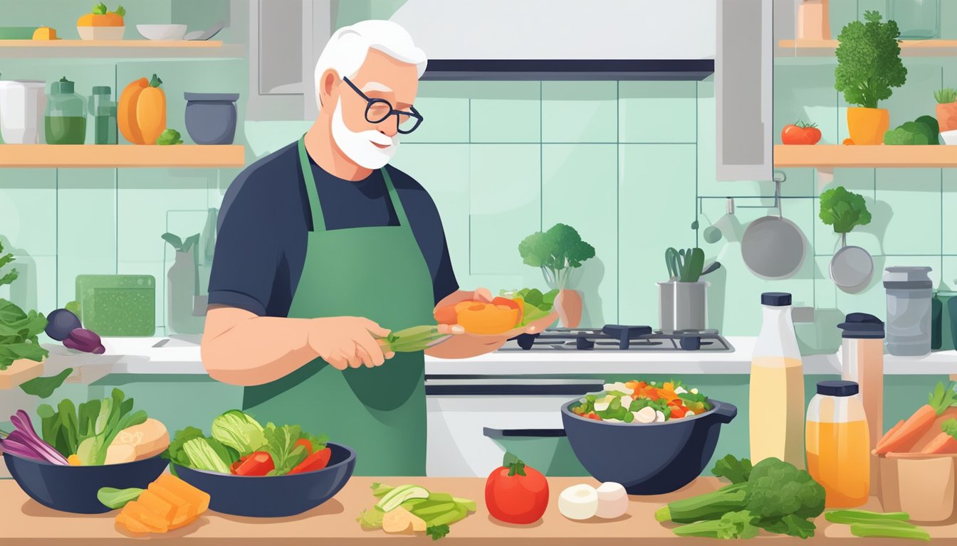 A senior person preparing keto-friendly meals with a variety of fresh vegetables and lean proteins, while also taking supplements and drinking plenty of water