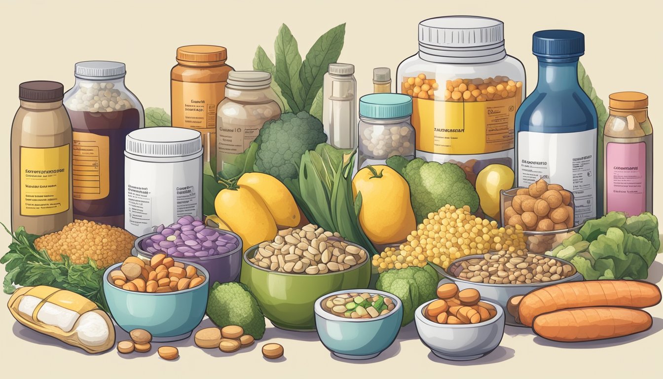 A table with various foods, supplements, and medications labeled with caution signs, surrounded by hormonal balance symbols