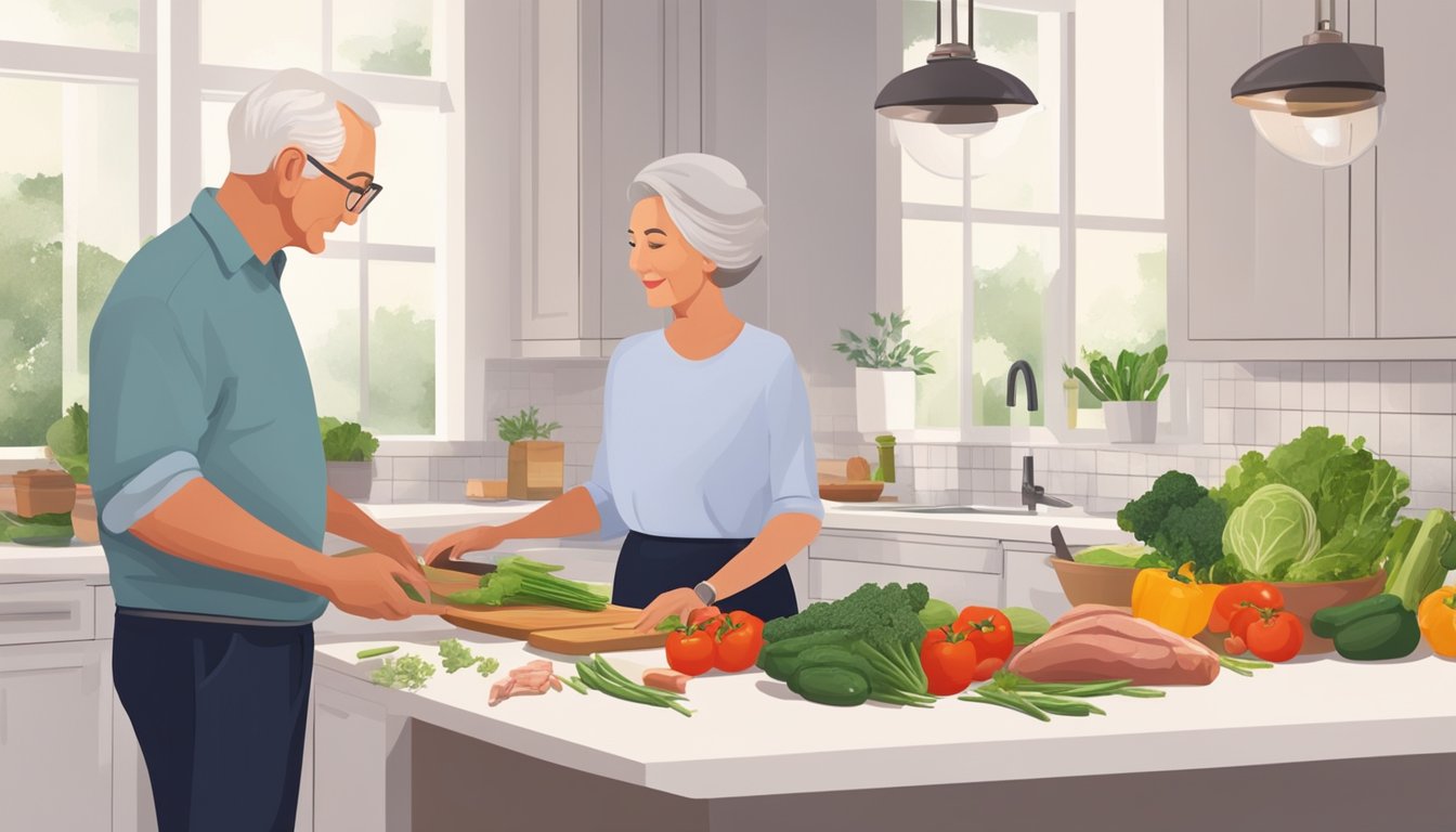 A serene kitchen with fresh vegetables, lean meats, and healthy fats displayed on the counter. A senior couple prepares a balanced Keto meal together