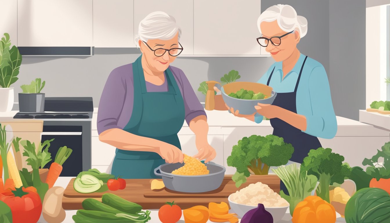 An elderly person preparing keto-friendly meals with fresh vegetables and lean proteins in a well-lit kitchen