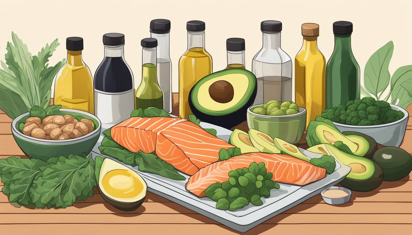 A table filled with low-histamine keto foods, including leafy greens, avocados, and salmon, surrounded by bottles of olive oil and vinegar