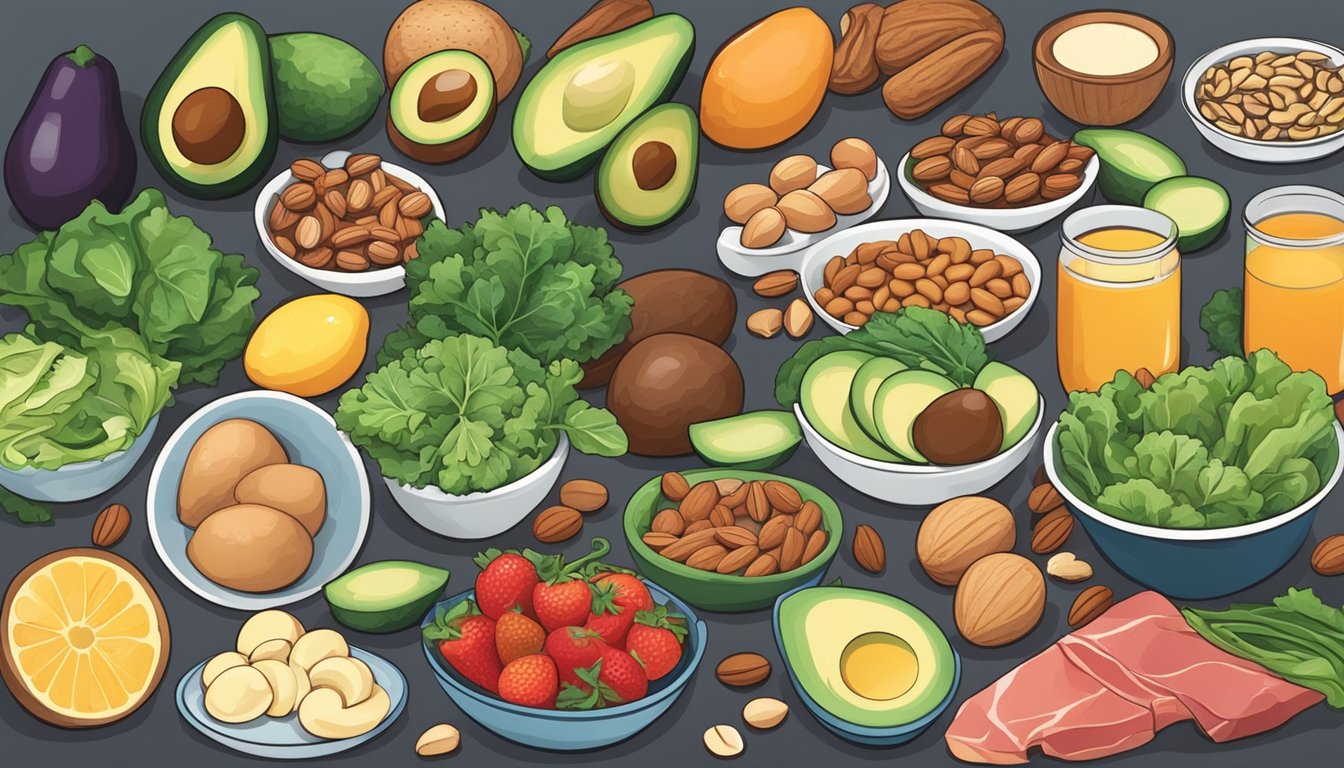 A colorful plate of keto-friendly foods, surrounded by ingredients like leafy greens, nuts, and avocados, with a focus on foods that promote vein health