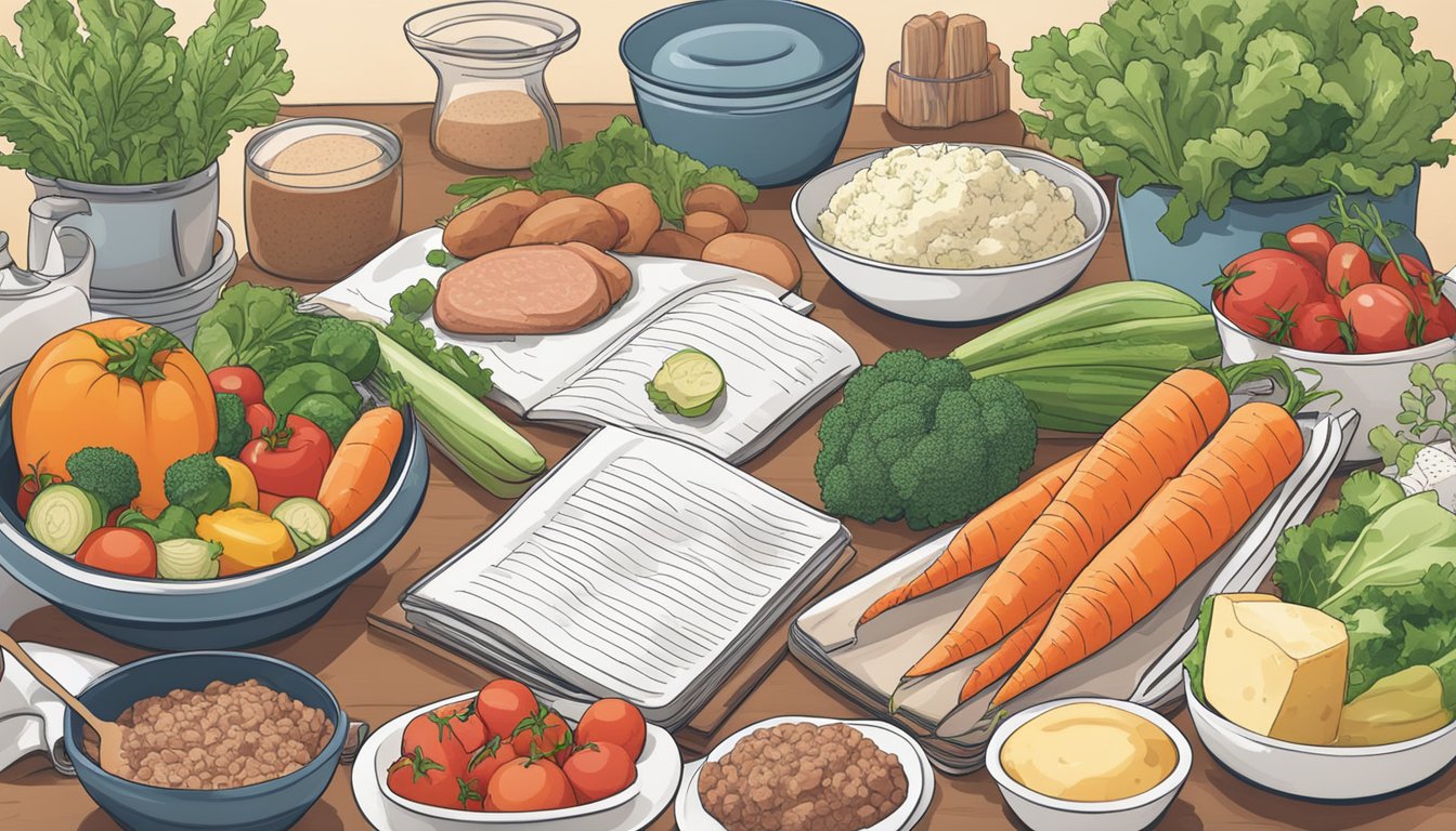 A kitchen counter with various fresh vegetables, meats, and dairy products, along with a cookbook open to a page of keto recipes for histamine intolerance