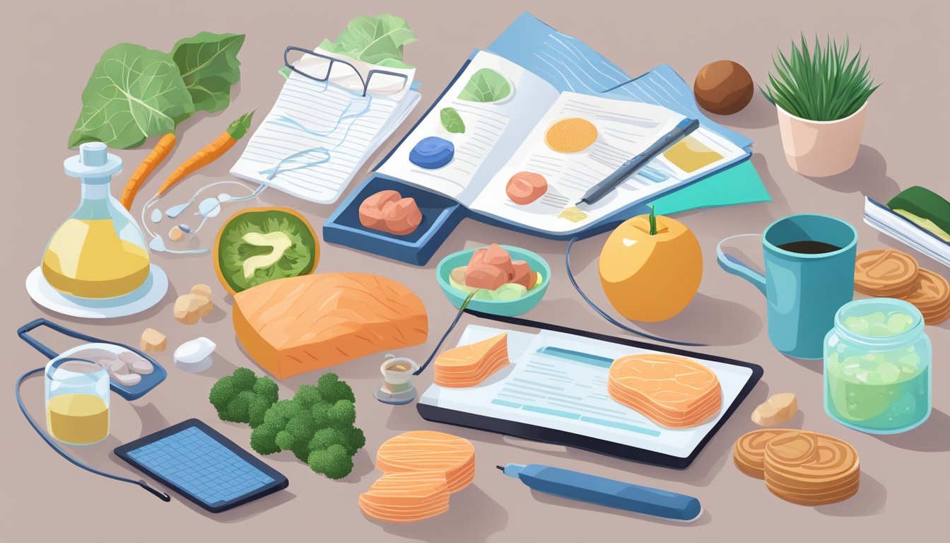 A person researching varicose vein treatment options while following a keto diet, surrounded by medical and nutritional resources