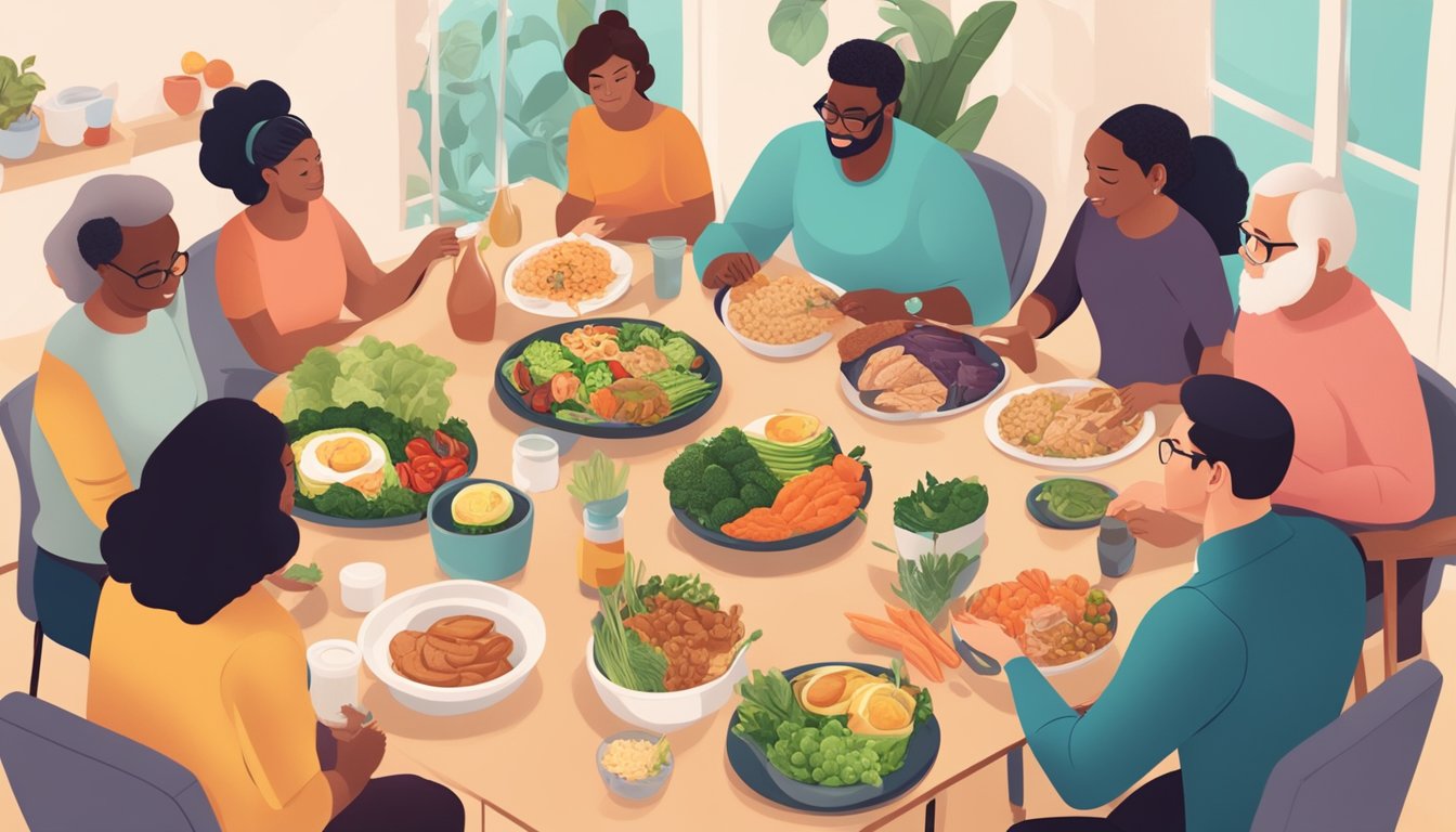 A diverse group of people with varying dietary needs, including those with histamine intolerance, gathered around a table with keto-friendly foods