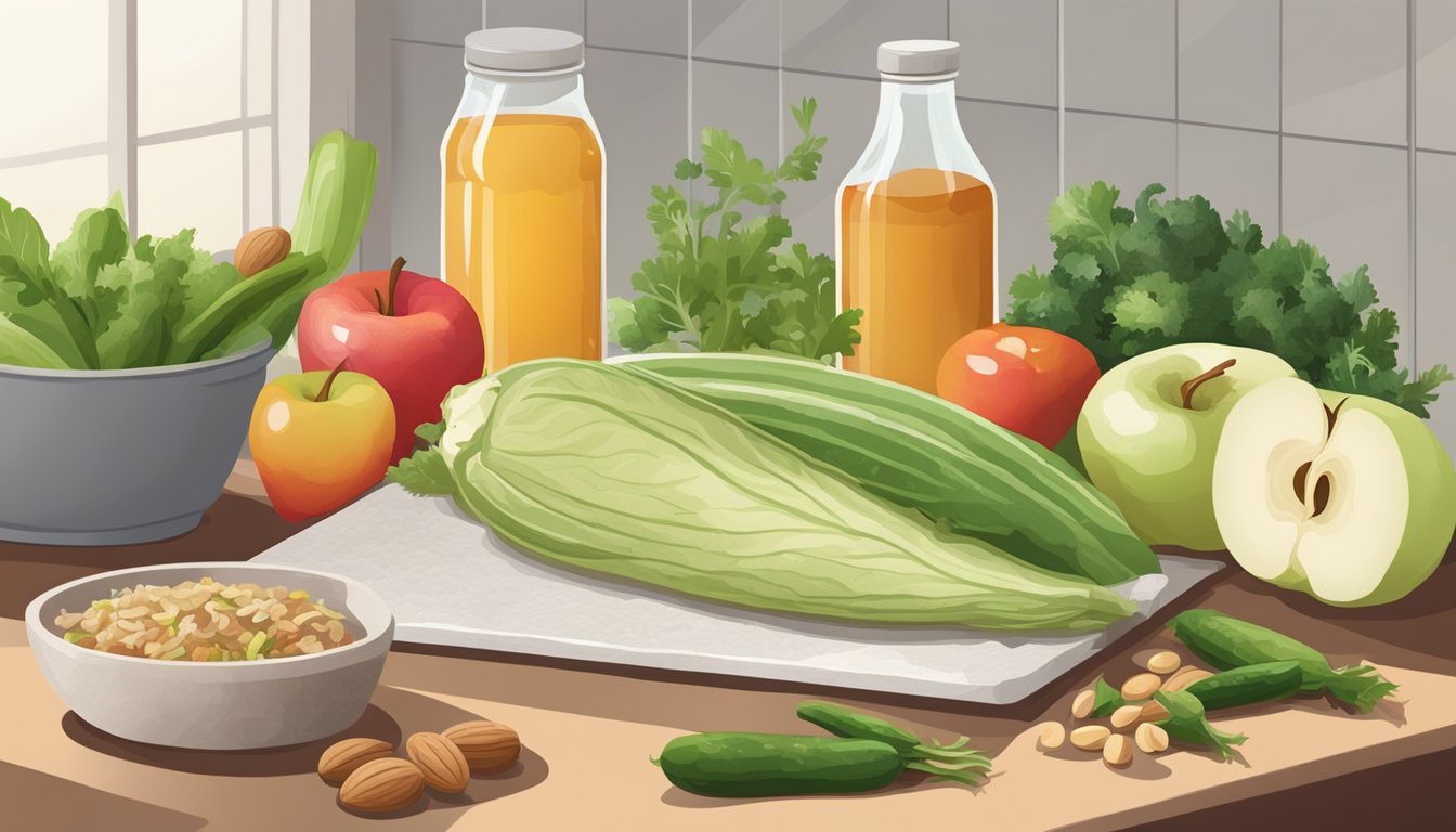 A kitchen counter with various fresh vegetables, nuts, and lean proteins. A bottle of apple cider vinegar and a jar of sauerkraut sit nearby