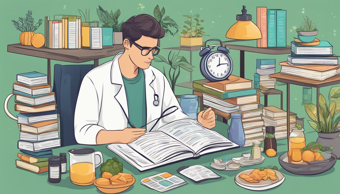 A person researching keto diet and histamine intolerance, surrounded by medical books and charts