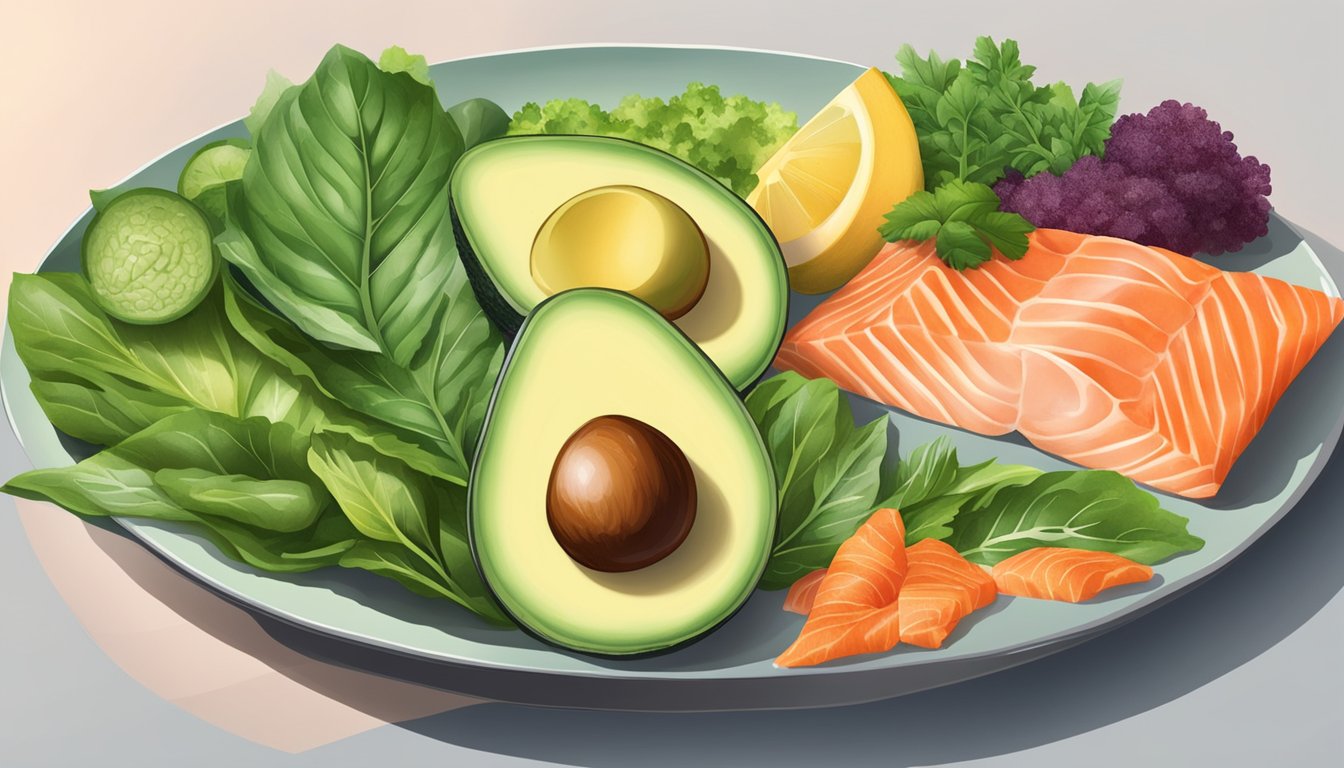 A plate with keto-friendly foods like avocados, salmon, and leafy greens, with xanthomas present on the skin