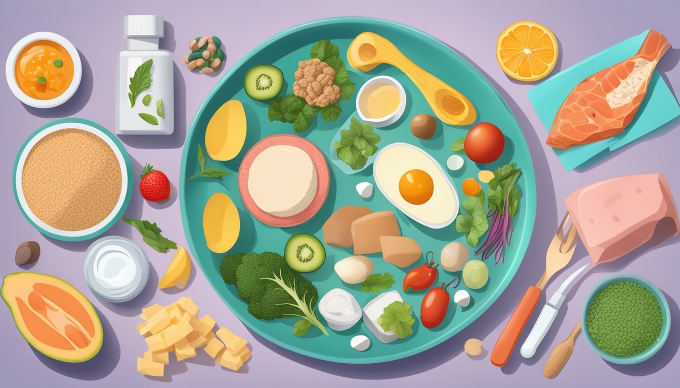 A colorful plate of keto-friendly foods surrounded by medical equipment, with xanthomas depicted on a model of human skin