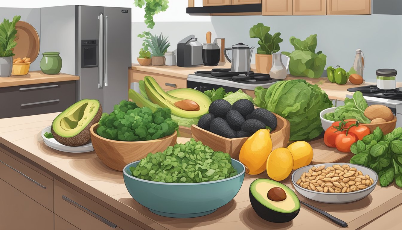 A kitchen counter with a variety of healthy, keto-friendly foods and ingredients, such as avocados, leafy greens, nuts, and lean proteins