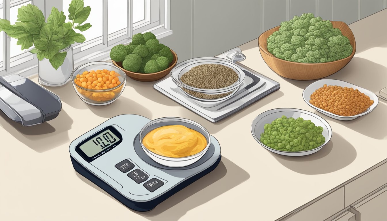 A kitchen counter with keto-friendly foods, a measuring scale, and a medical illustration of xanthomas for reference