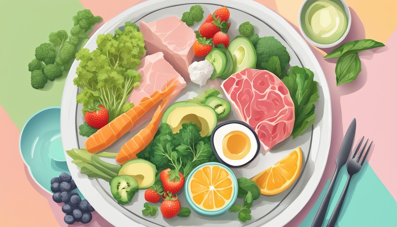 A colorful plate of keto-friendly foods with a thyroid gland symbol in the background