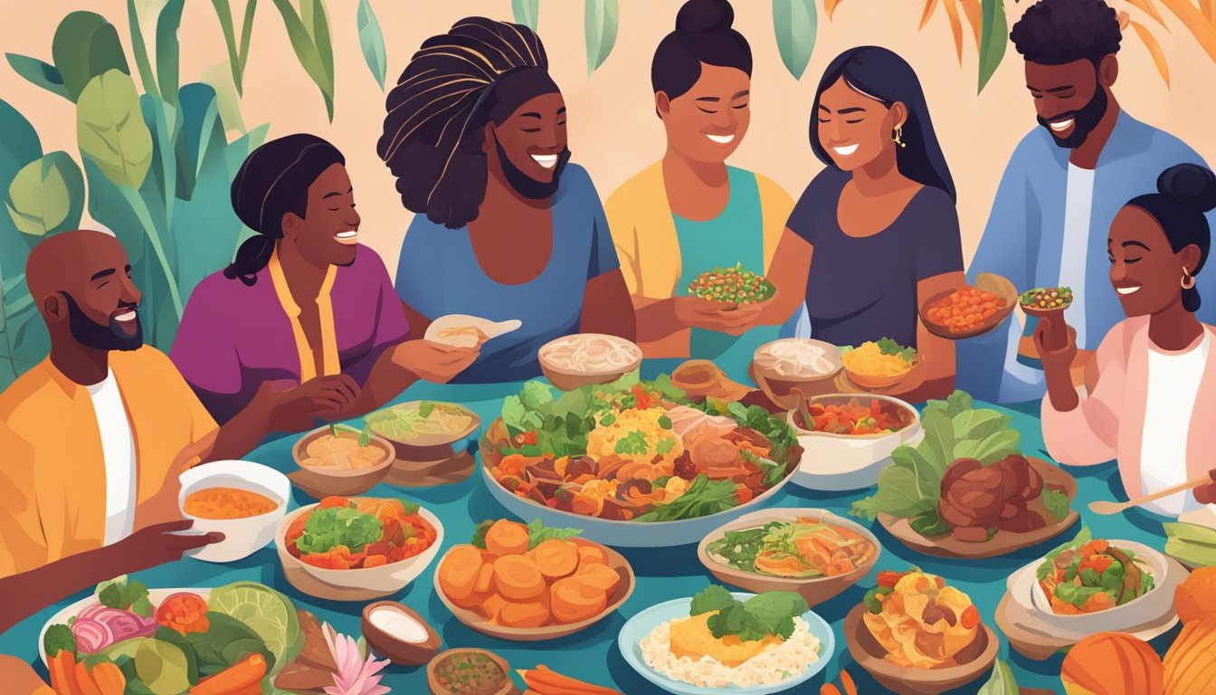 A diverse group of people from different cultures enjoying traditional keto-friendly foods, surrounded by vibrant colors and patterns