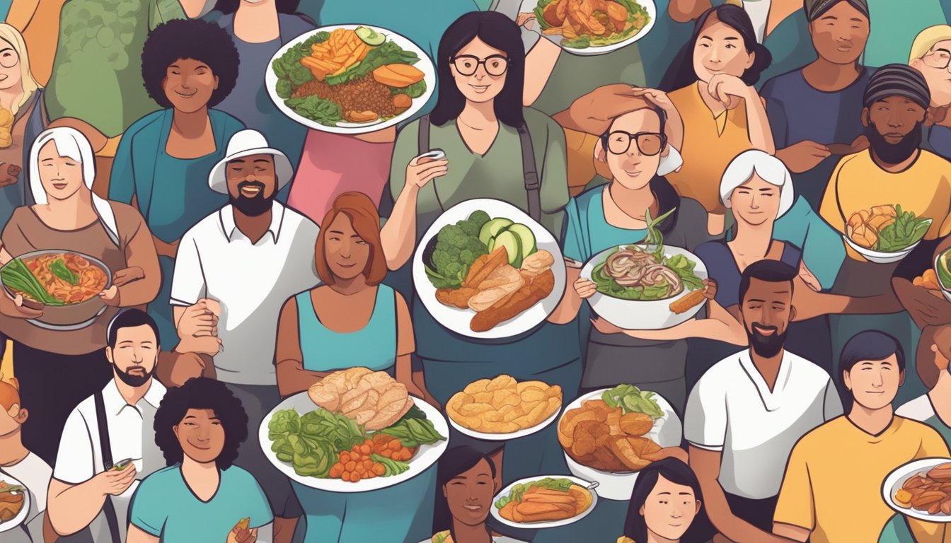 A diverse group of people around the world enjoying and struggling with the keto diet, each representing their unique cultural background