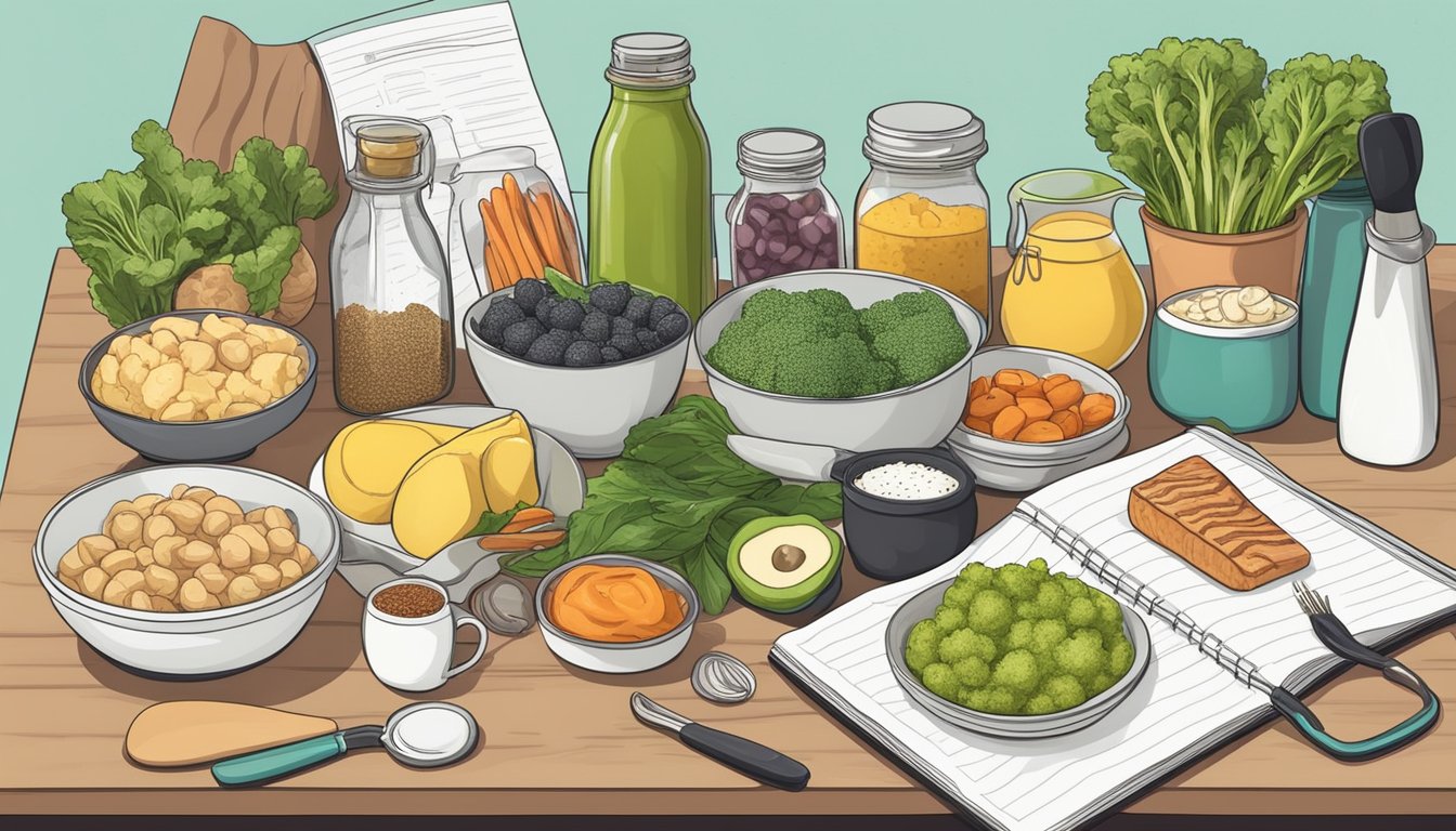 A kitchen counter with a variety of keto-friendly foods and cooking utensils, alongside a notebook with PCOS and keto diet information