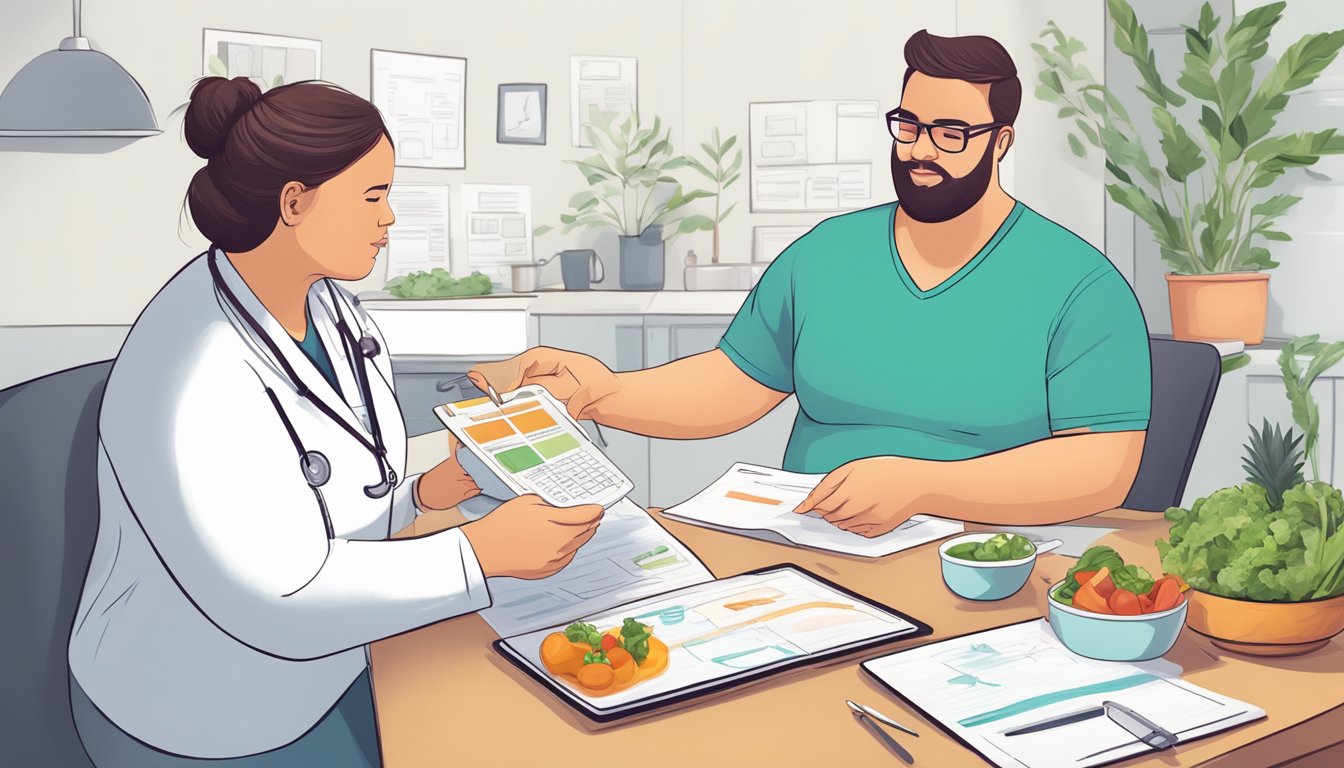 A healthcare professional guides a gastric bypass patient through a keto diet plan, monitoring their recovery progress