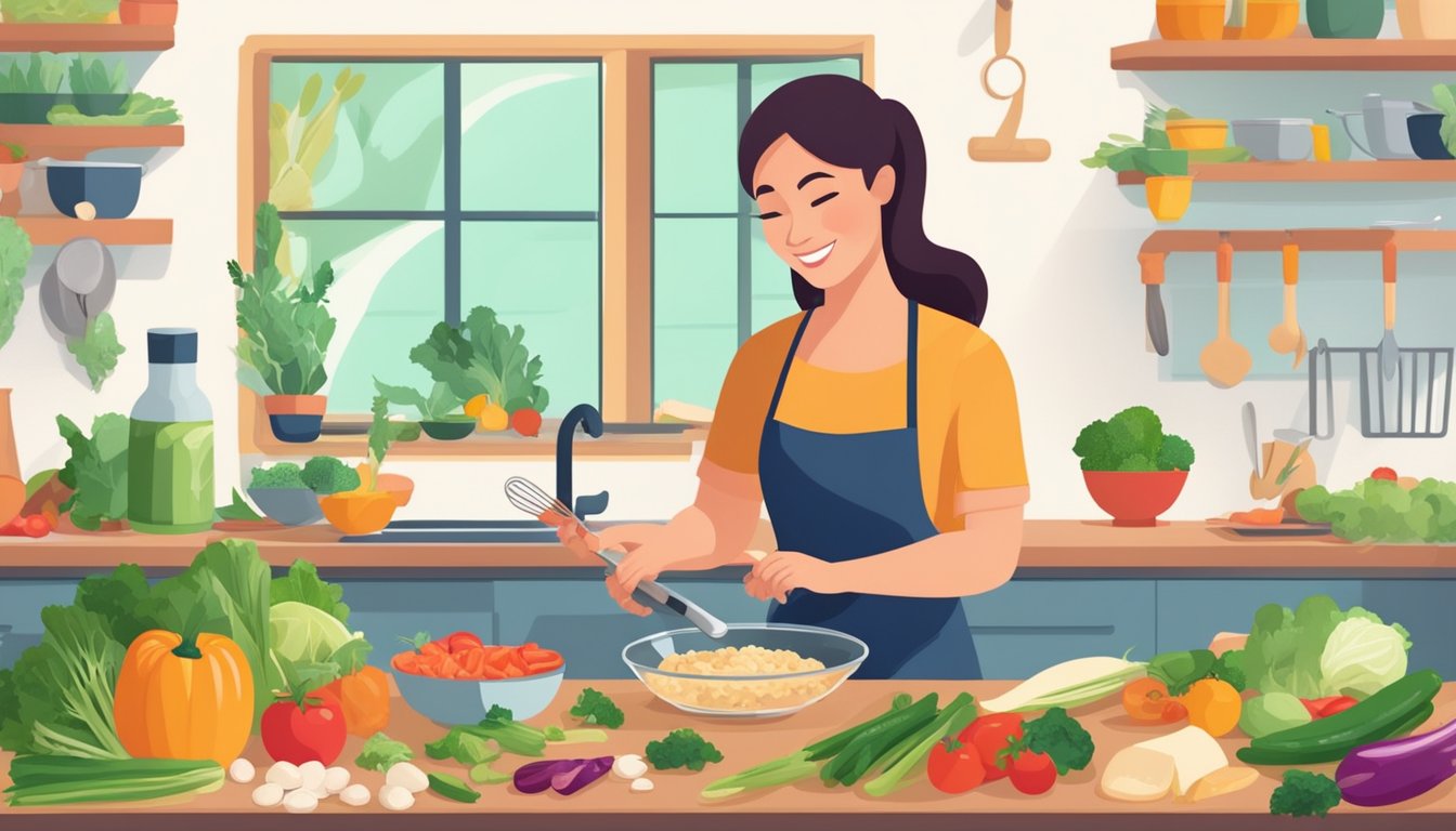 A woman happily preparing a keto-friendly meal with fresh vegetables and lean protein, surrounded by colorful ingredients and cooking utensils