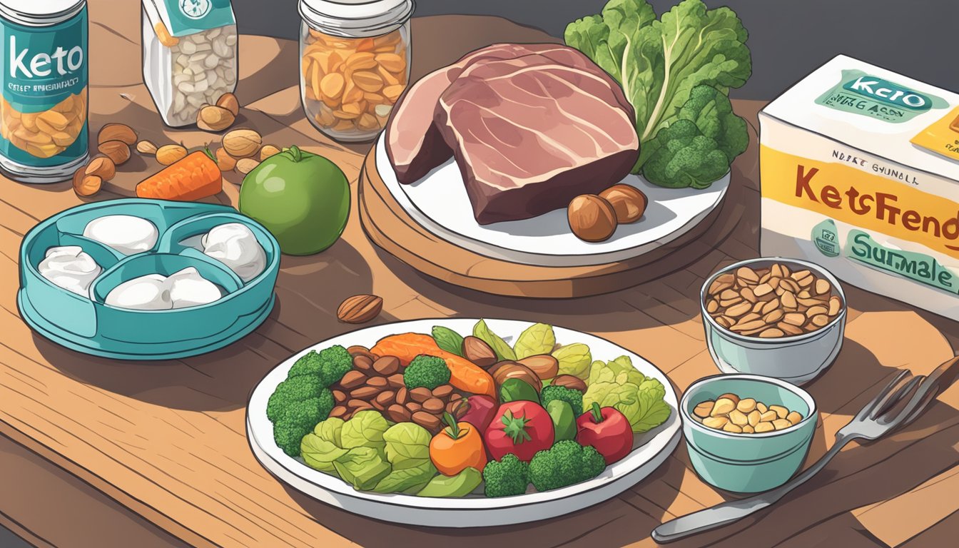 A table with keto-friendly foods: meats, vegetables, nuts. A pack of gum sits beside a no-gum sign