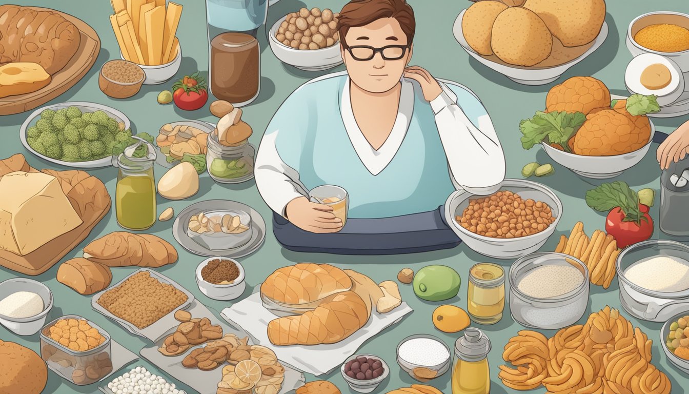 A person surrounded by various food items, with a scale showing weight loss and a medical chart showing improved ulcerative colitis symptoms