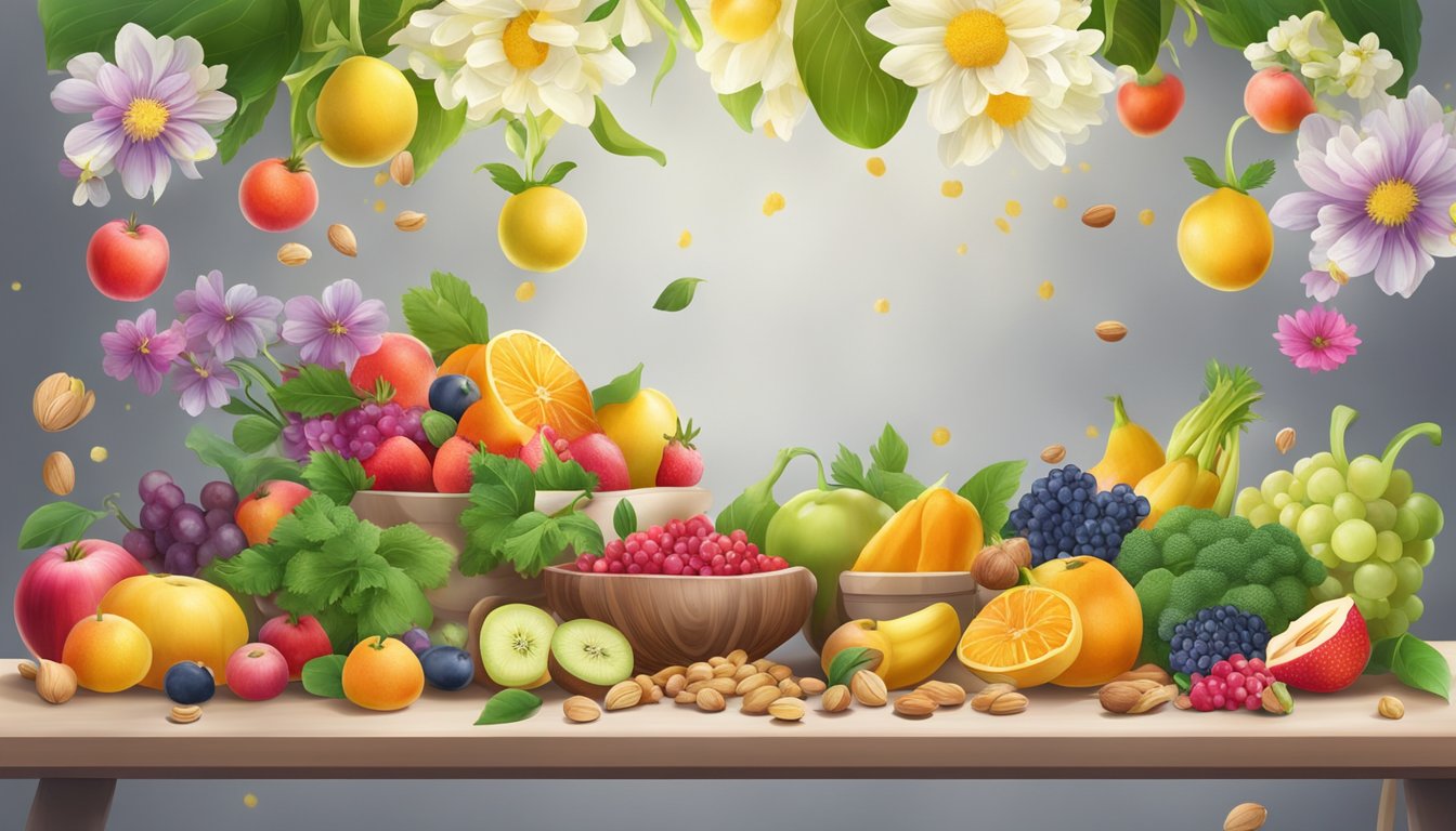 A table with colorful fruits, vegetables, and nuts, surrounded by blooming flowers and pollen in the air