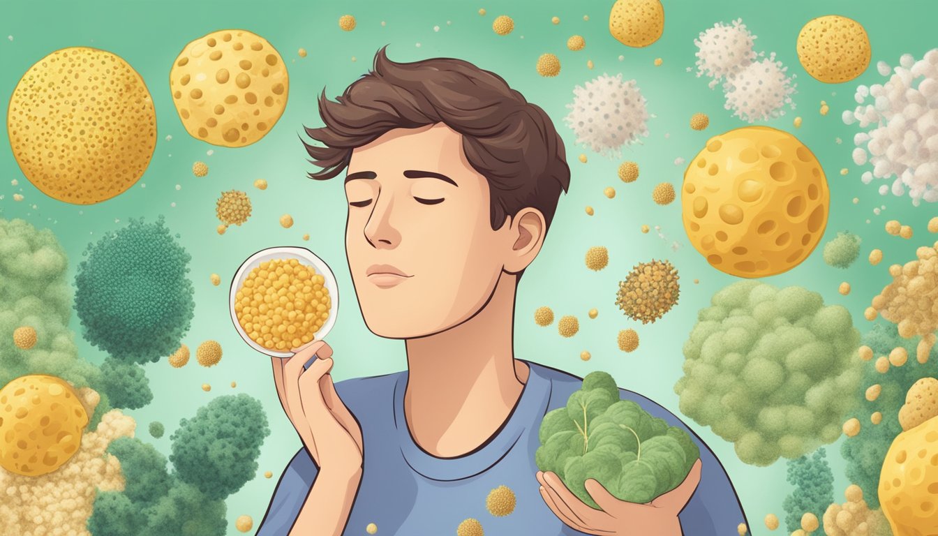 A person surrounded by various allergens, such as pollen, dust, and pet dander, while following a keto diet. The immune system is depicted as being on high alert, with cells and antibodies in action