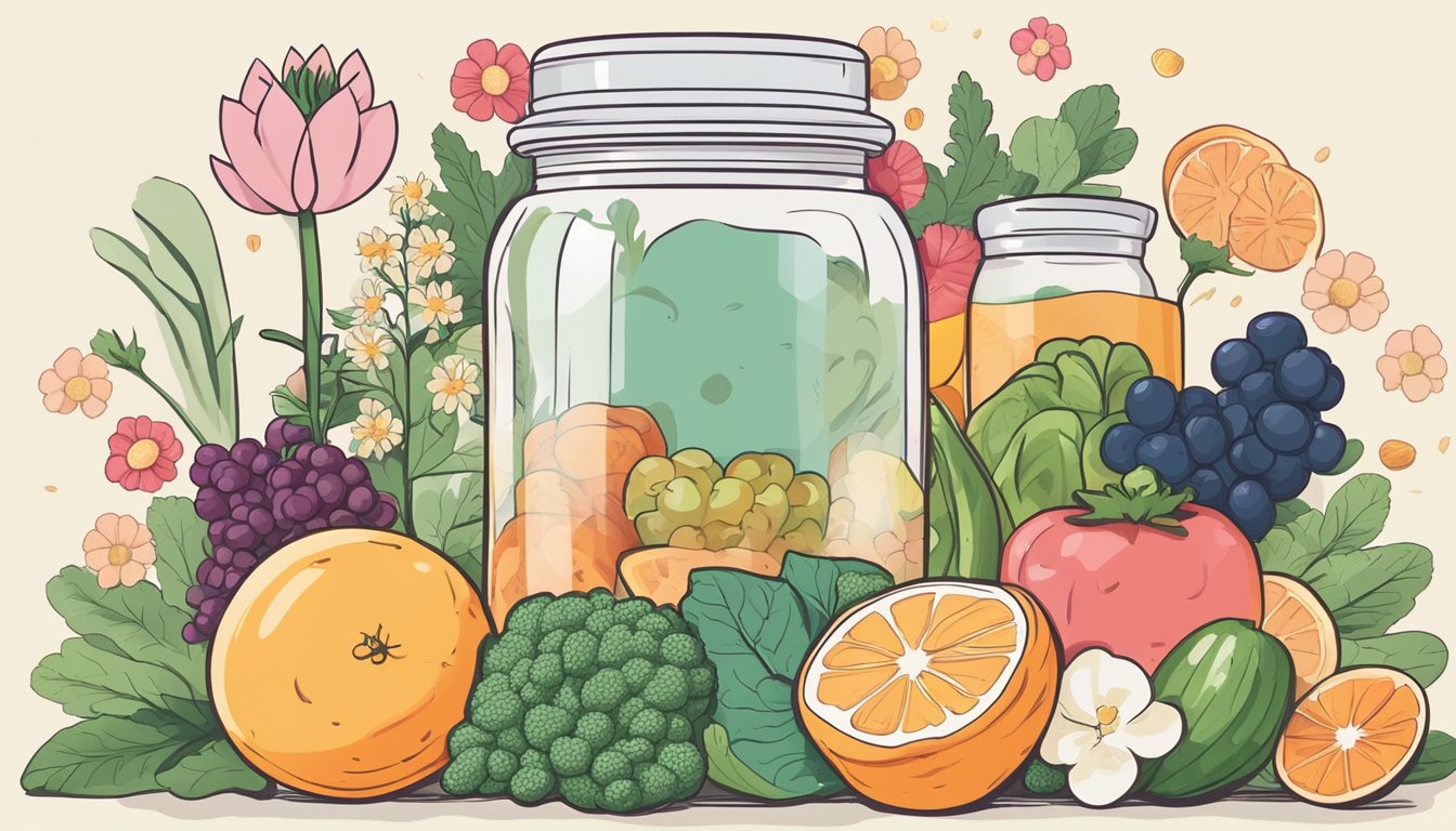 A jar of probiotic-rich foods surrounded by fresh fruits and vegetables, with a keto meal plan and blooming flowers, symbolizing relief from seasonal allergies