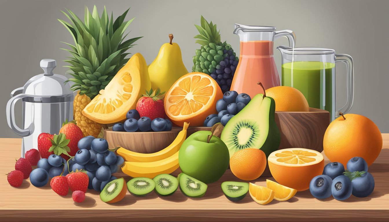 A colorful array of low-carb fruits arranged on a wooden cutting board, surrounded by measuring cups and a keto cookbook