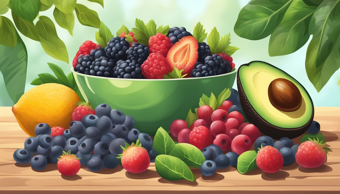 A bowl of mixed berries and avocado on a wooden table, surrounded by colorful fruits and green leafy vegetables