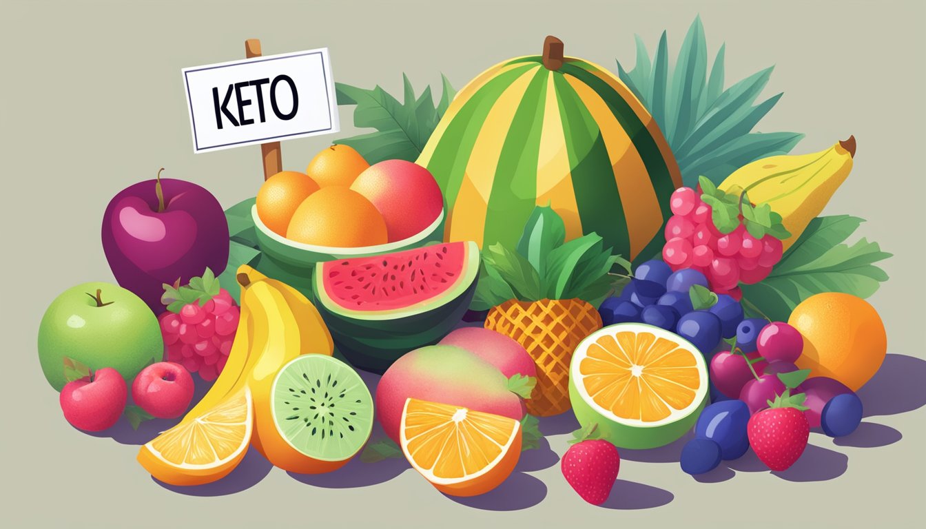 A colorful array of fruits surrounded by a caution sign, with a scale representing potential benefits and risks of a keto diet