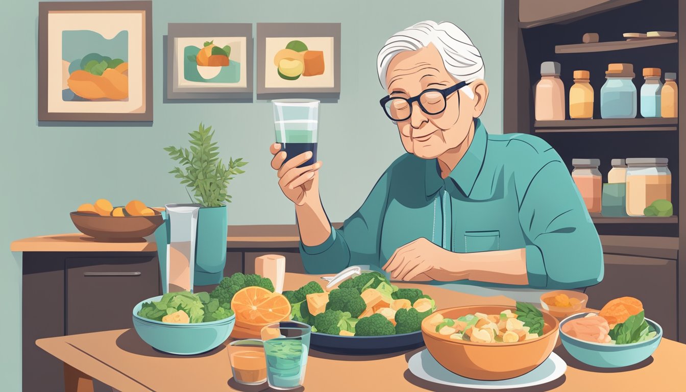 An elderly person sitting at a table with a plate of keto-friendly foods, surrounded by supplements and a glass of water. A calendar on the wall shows regular check-ups