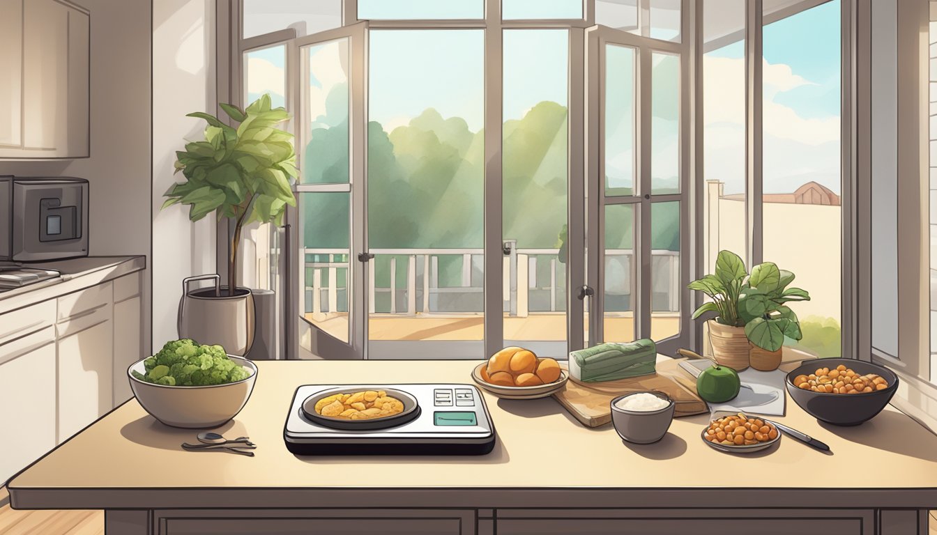 A table with a keto meal plan, a weight scale, and exercise equipment set against a backdrop of a serene, sunlit room with large windows