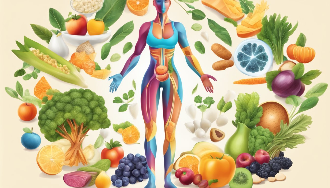 A vibrant illustration of a healthy, energetic body with arrows depicting the metabolism process, surrounded by anti-inflammatory foods and wellness symbols