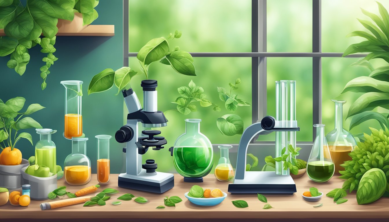 A laboratory table with test tubes, beakers, and scientific equipment, surrounded by vibrant green plants and healthy food items