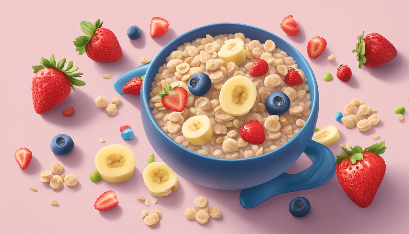 A bowl of Gerber Lil Bits oatmeal banana strawberry cereal surrounded by scattered ingredients