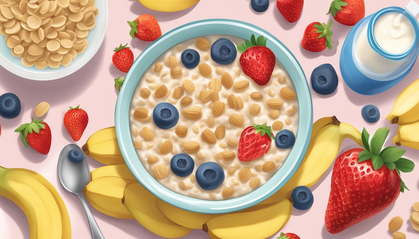 A bowl of Gerber Lil Bits oatmeal banana strawberry cereal surrounded by fresh fruit and a glass of milk