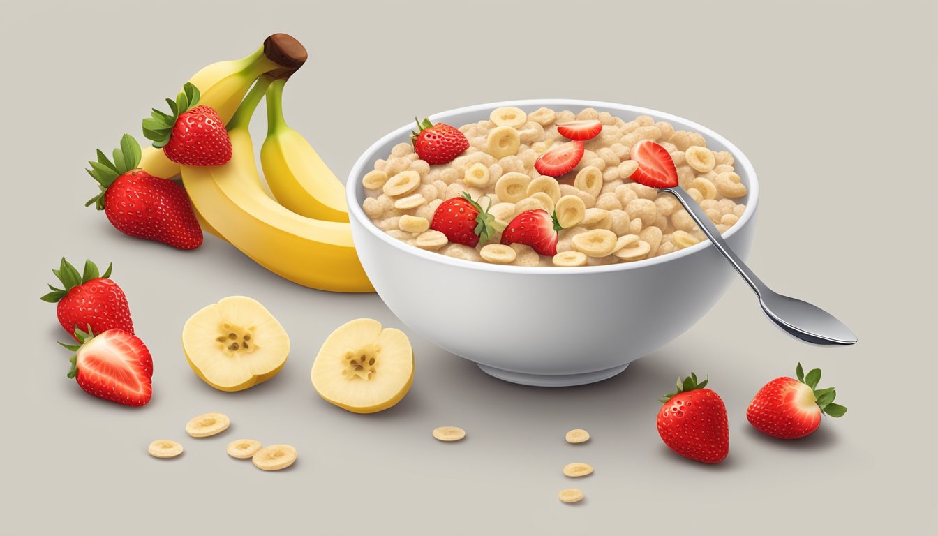 A bowl of Gerber Lil Bits oatmeal banana strawberry cereal surrounded by fresh slices of banana and strawberry, with a spoon resting on the side