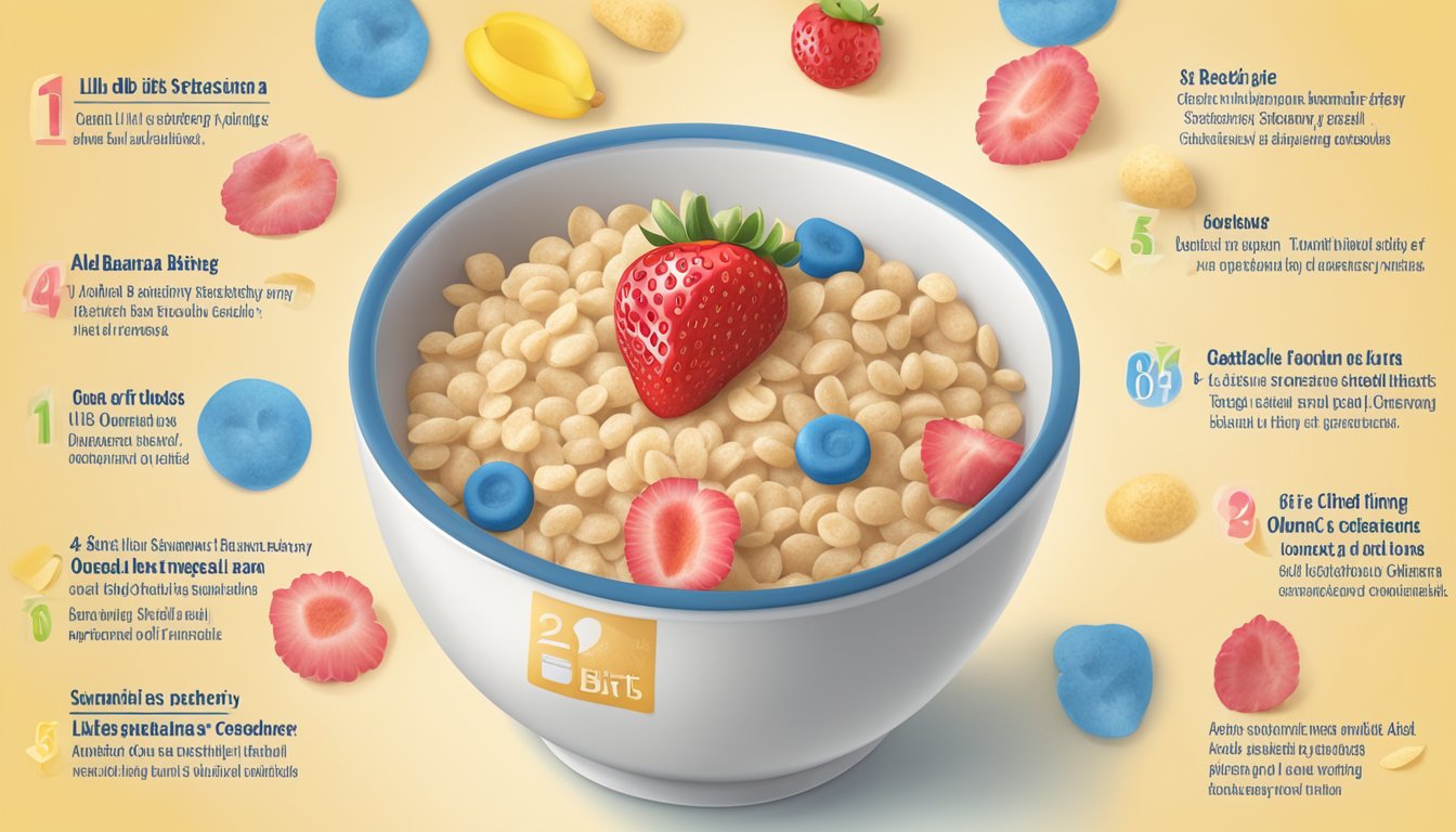 A bowl of Gerber Lil Bits oatmeal banana strawberry cereal with an allergen and dietary information label