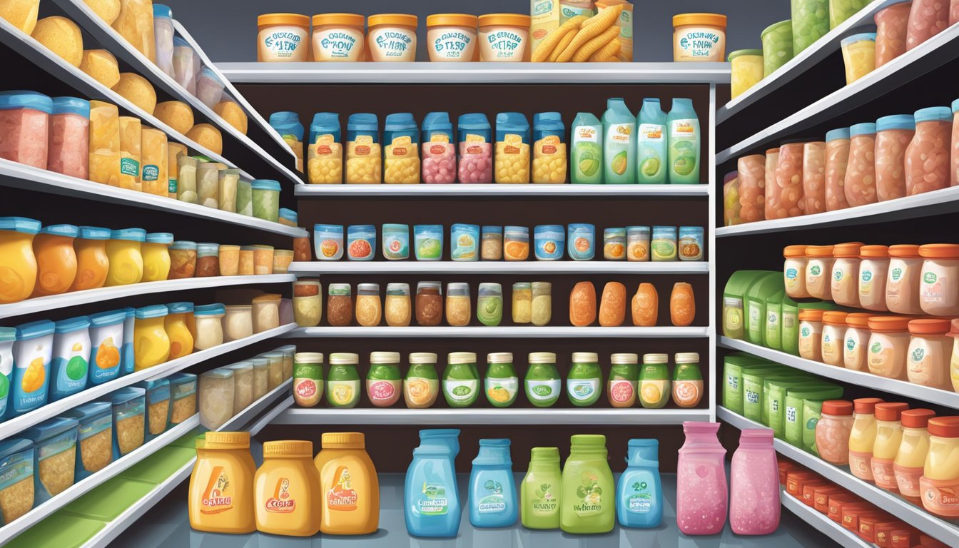 A grocery store aisle with shelves of baby food, including Gerber lil bits oatmeal banana strawberry cereal