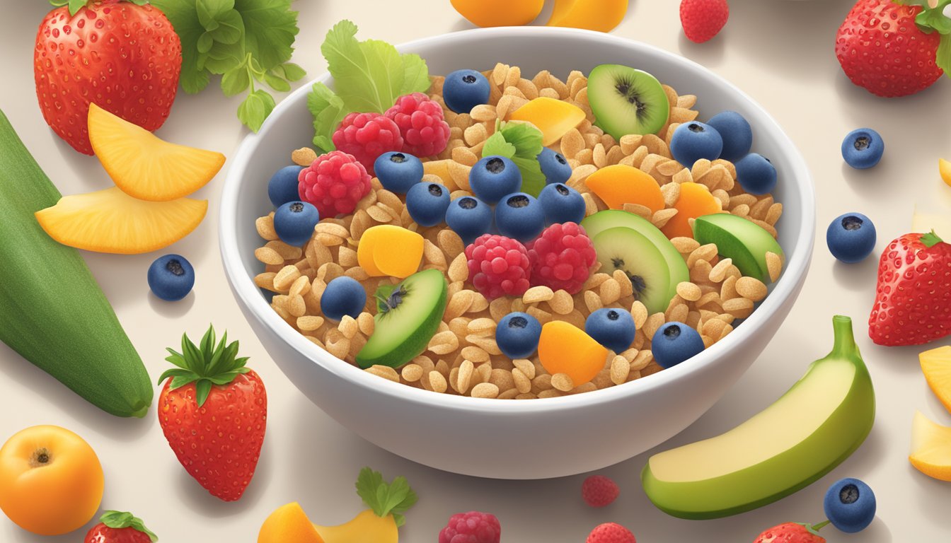 A bowl of Gerber Lil Bits Multigrain Cereal surrounded by colorful fruits and vegetables