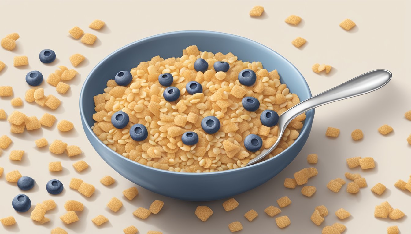 A bowl of Gerber Lil Bits Multigrain Cereal surrounded by scattered grains and a measuring spoon