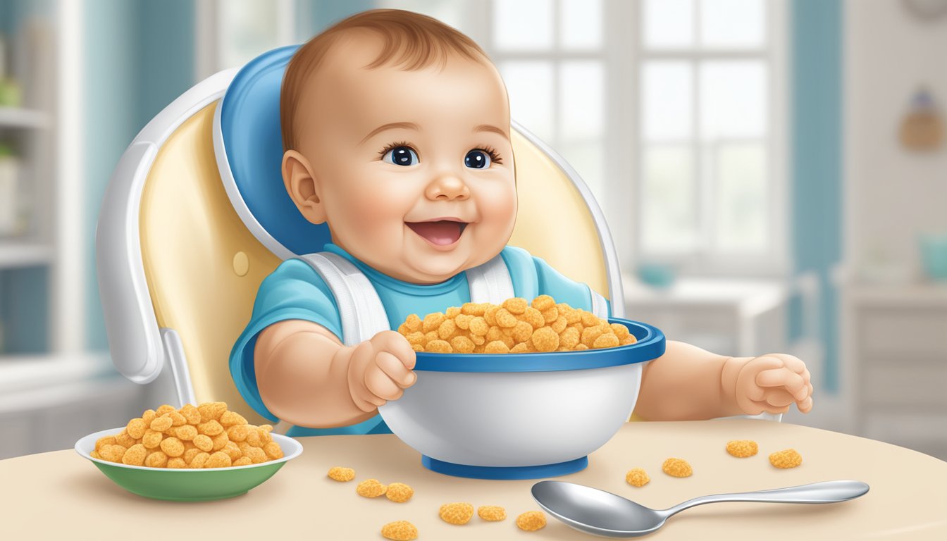 A baby's high chair with a bowl of Gerber Lil Bits Multigrain Cereal and a spoon placed in front