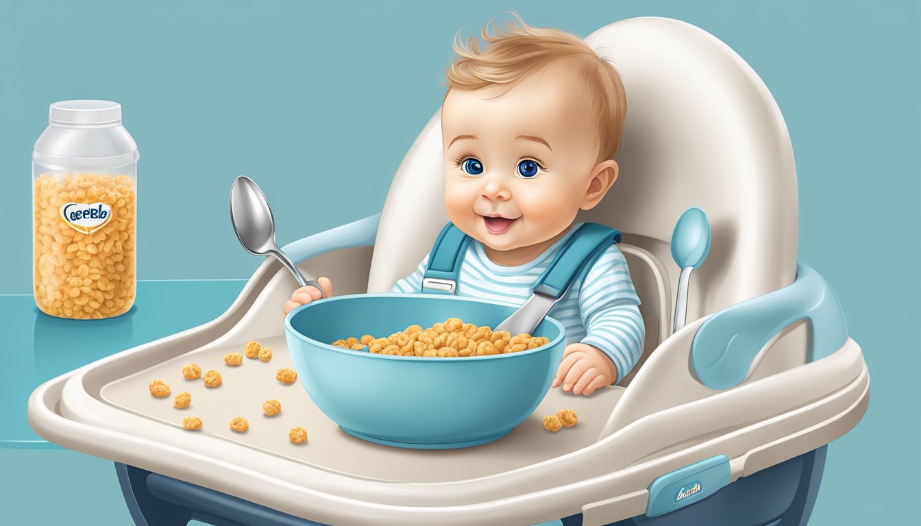 A baby's high chair with a bowl of Gerber Lil Bits Multigrain Cereal and a spoon sitting on a clean tray