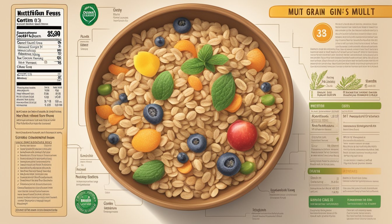 A bowl of Earth's Best Organic Whole Grain Multi Grain Cereal surrounded by various grains and ingredients, with a clear nutritional information label displayed prominently